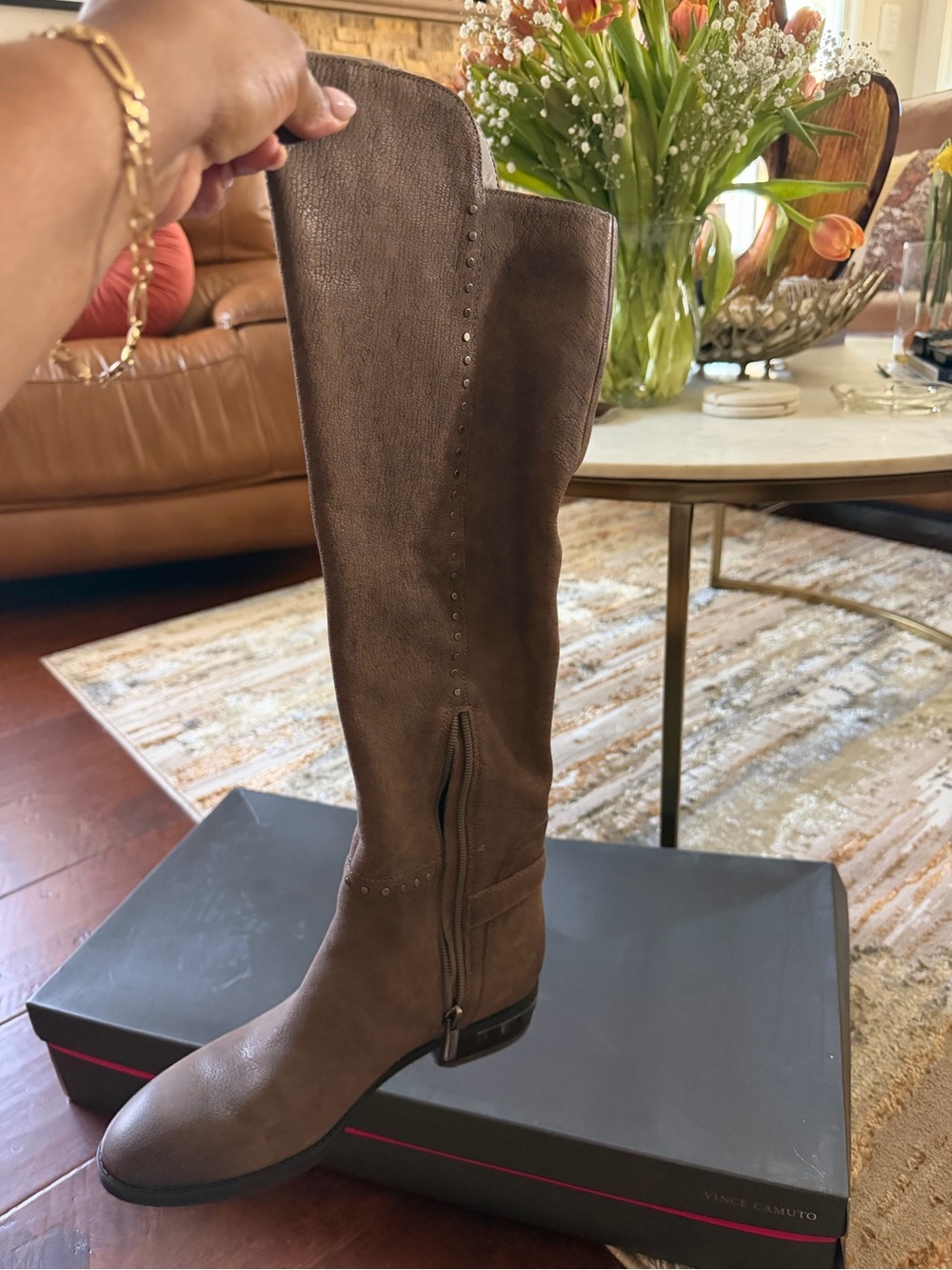 Vince Camuto Taupe Brown Over-the-Knee Stud Detail Boots